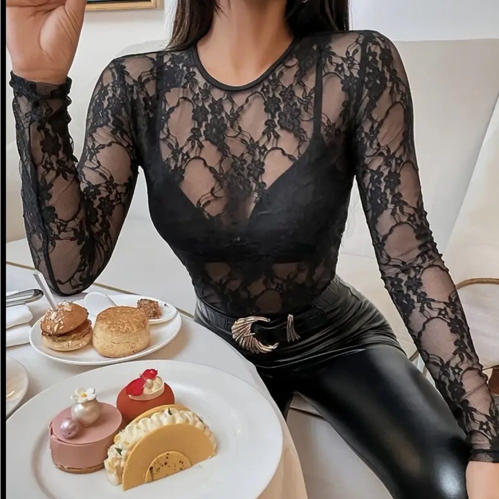 Black Illusion Lace LS Sheer Top